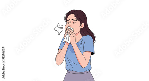 Young woman with dark hair sneezes into a white tissue while suffering from symptoms of a common cold or seasonal flu infection.