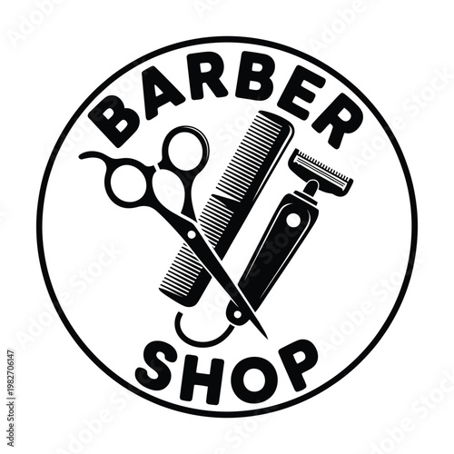 Classic barber shop logo featuring traditional grooming tools