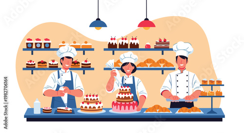 Team of skilled pastry chefs work together in a professional bakery kitchen to decorate elaborate cakes and prepare fresh pastries.