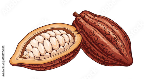 Ripe cocoa fruit pod is shown whole and sliced in half to reveal the fresh white beans used for making delicious chocolate products.