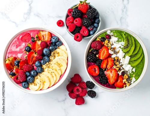 A vibrant and healthy breakfast setup featuring colorful fruit bowls on a marble countertop