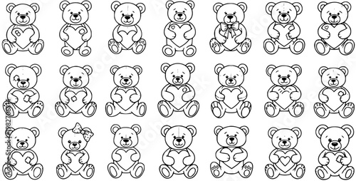 Black and White Line Art Teddy Bears Holding Hearts, Cute Vector Illustrations for Design