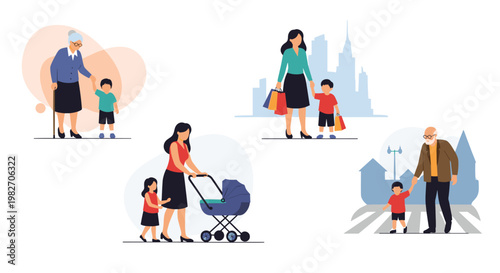 Collection of flat illustrations features various generations including mothers with children and elderly grandparents in the city.