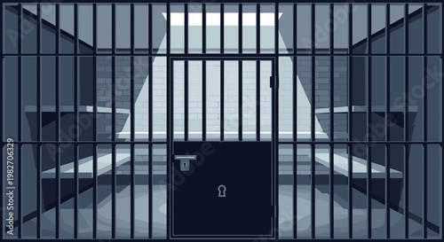 Interior view of a vacant prison cell features metal bars a bunk bed and a small window allowing light into the dark stone room.