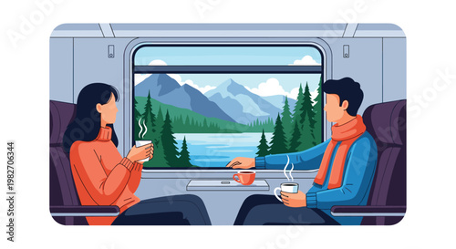 Young couple sits together on a moving train enjoying coffee while looking out at a stunning landscape of mountains and a blue lake.