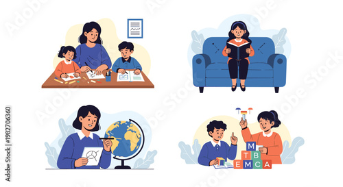 Educational illustrations show children engaged in various learning activities such as reading books drawing and studying geography.