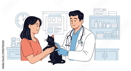 Friendly male veterinarian in a white coat examines a black cat held by its owner in a modern animal clinic with medical supplies.