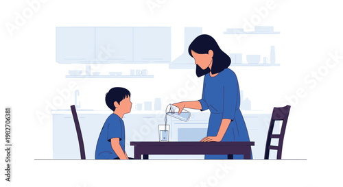 Caring mother pours a glass of fresh water for her young son while they sit together in a clean and modern minimalist white kitchen.