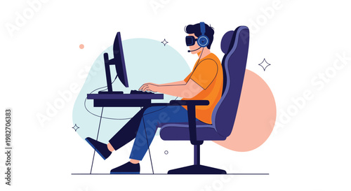 Dedicated gamer wearing a virtual reality headset and headphones sits in a purple ergonomic chair while playing an immersive game.