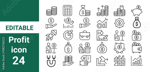 Profit icon set. Containing money, finance, growth, investment, cash, income, savings, earnings, management,