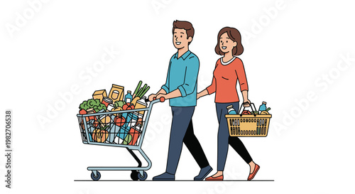 Happy young couple walks together through a grocery store with a full shopping cart and a basket of fresh organic food and produce.