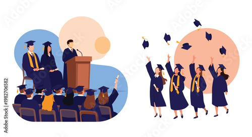 Illustrative scenes of a graduation ceremony show a student speaking at a podium and a group of graduates throwing their caps in joy.