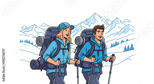 Pair of hikers in blue jackets and backpacks use trekking poles to navigate through a beautiful snowy mountain range in the winter.