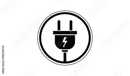Black and white icon of a wall socket with a lightning bolt, symbolizing electricity and power in a minimalist design.