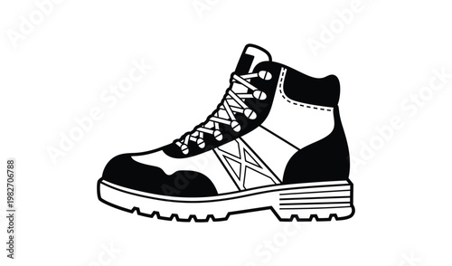 Black and white illustration of a sturdy hiking boot, side view, showcasing detailed laces, rugged sole, and ankle support, ideal for outdoor adventures.
