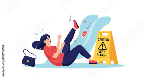 Woman slips and falls on a wet puddle on the floor next to a yellow caution sign while losing her handbag and smartphone in a public area.