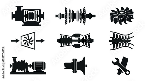 Vector Icon Set of Mechanical Tools and Engine Parts in Black Silhouette Style