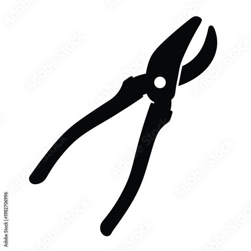 Black and white silhouette of pruning shears on a white background
