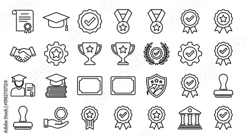 Achievement Award Recognition Icon Set in Line Art Style for Educational and Professional Contexts