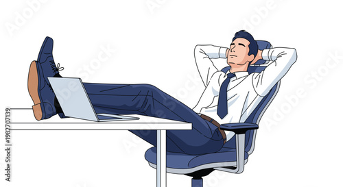 Relaxed businessman in a white shirt and tie sits in an office chair with his feet on the desk and hands behind his head after work.