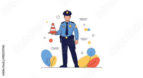 Professional police officer in a blue uniform holds a traffic cone while standing in a stylized environment with abstract colorful shapes.