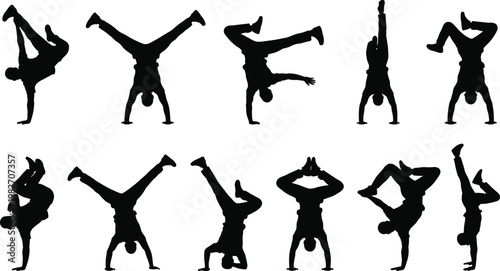 Breakdance handstand silhouettes set, hip hop dancer acrobatic poses, black vector illustration street performance collection pack