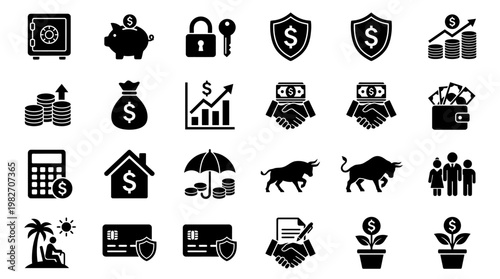 Vector Icon Set of Financial and Business Symbols in Minimalist Style