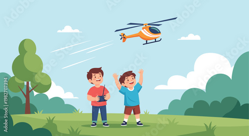 Two young boys enjoy an outdoor hobby as they play with a remote-controlled orange helicopter in a scenic park under a clear blue sky.