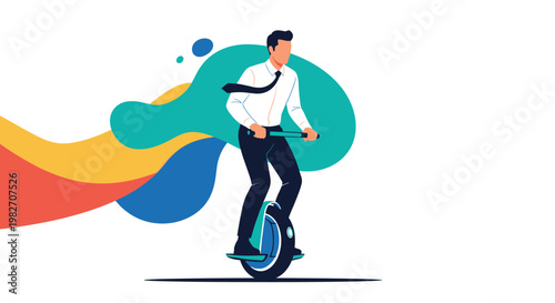 Modern businessman efficiently commutes on a high-tech electric unicycle with vibrant abstract colorful waves in the background scene.
