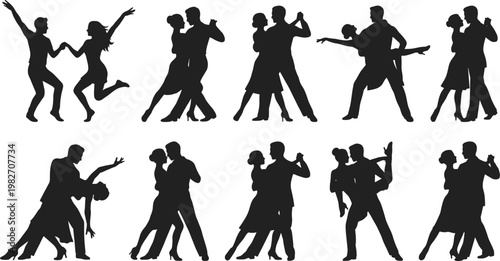Couple dance silhouettes set, ballroom tango partner poses collection, black vector illustration romantic performance design pack
