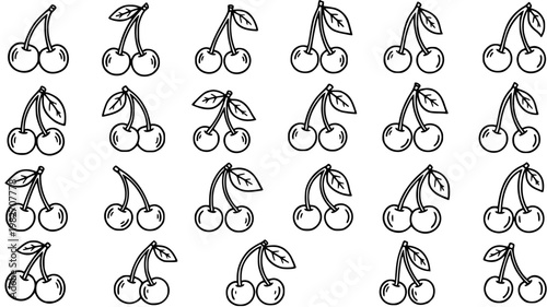 Food Industry Black and White Line Art Cherries Pattern. Hand-drawn Outline Doodle for Summer Fruit and Healthy Eating Design Assets.