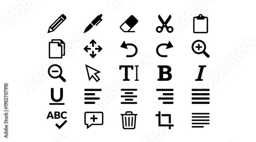 Vector Icon Set of Creative Work Tools Including Pencil, Eraser, Scissors, Clipboard, and Text Editing Symbols