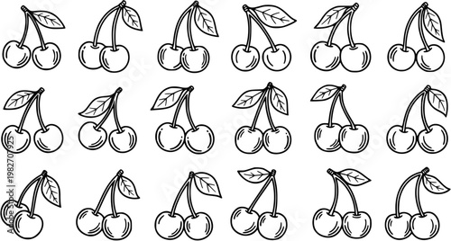 Food and Fruit Industry Cherries Black and White Line Art - Hand Drawn Doodle Style Vector Icon Illustration
