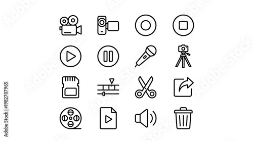 Set of Minimalist Video and Audio Editing Icons in Line Art Style
