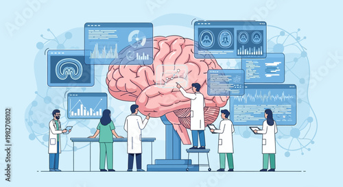 Medical Team Analyzing Brain Scan Data on Futuristic Interface