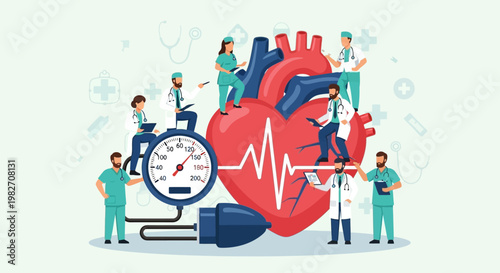 Medical Team Caring for Giant Heart with Blood Pressure Monitor and ECG