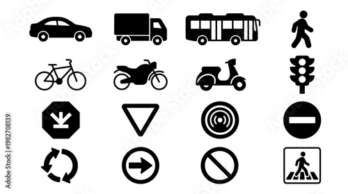 Vector Illustration of City Traffic and Pedestrian Road Signs in Modern Urban Environment