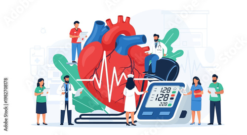 Medical Team Examining Giant Heart with Blood Pressure Monitor and ECG