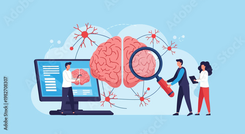 Scientists studying brain, neurons and artificial intelligence on computer screen