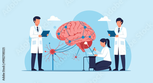 Scientists studying brain, neuroscience research, medical innovation, teamwork, laboratory setting