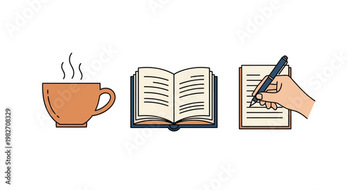 Flat design icons of coffee cup and book with hand writing