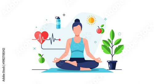 Woman meditating for healthy lifestyle, wellness, and fitness with heart rate and nature elements