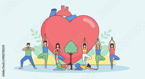 Yoga for Heart Health: People practicing yoga poses around a large heart and tree, symbolizing wellness.