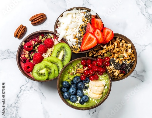 A delicious arrangement of four coconut bowls filled with fruit and granola on a marble surface