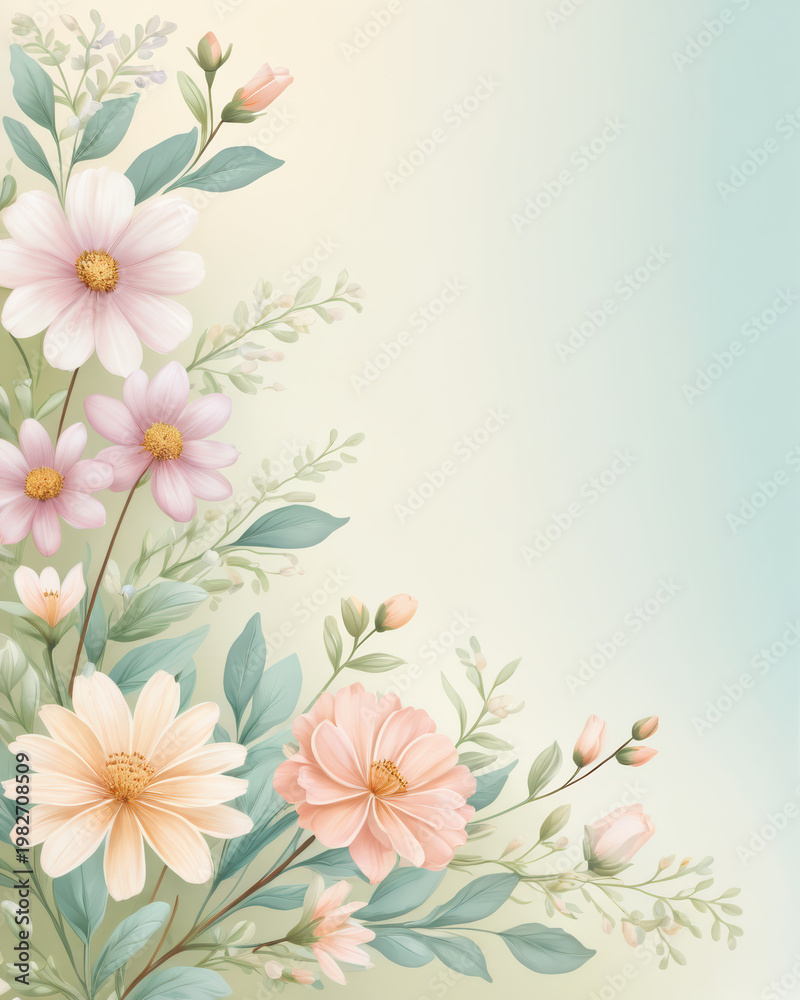 Obraz premium Beauty softness harmony serenity charm decorate bloom blend inspire soothe flower petal stem leaf bud greenery arrangement background pastel gradient color branch blossom hue