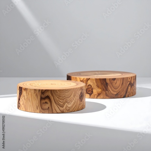 Two wooden cylinders on a white surface with a gray background