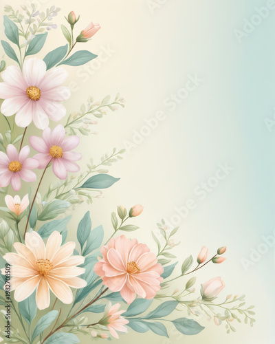 Beauty softness harmony serenity charm decorate bloom blend inspire soothe flower petal stem leaf bud greenery arrangement background pastel gradient color branch blossom hue