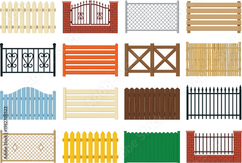 Fence collection illustration set, wooden metal and wire fences with gates for garden yard boundary protection and outdoor landscape design, construction concept
