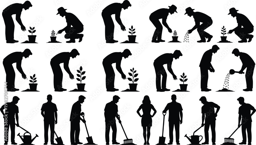Fototapeta premium Gardening people silhouettes set, planting watering cleaning outdoor workers, black vector illustration collection nature activity pack