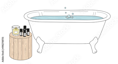Relaxing bath with essential oils and candles on wooden stool